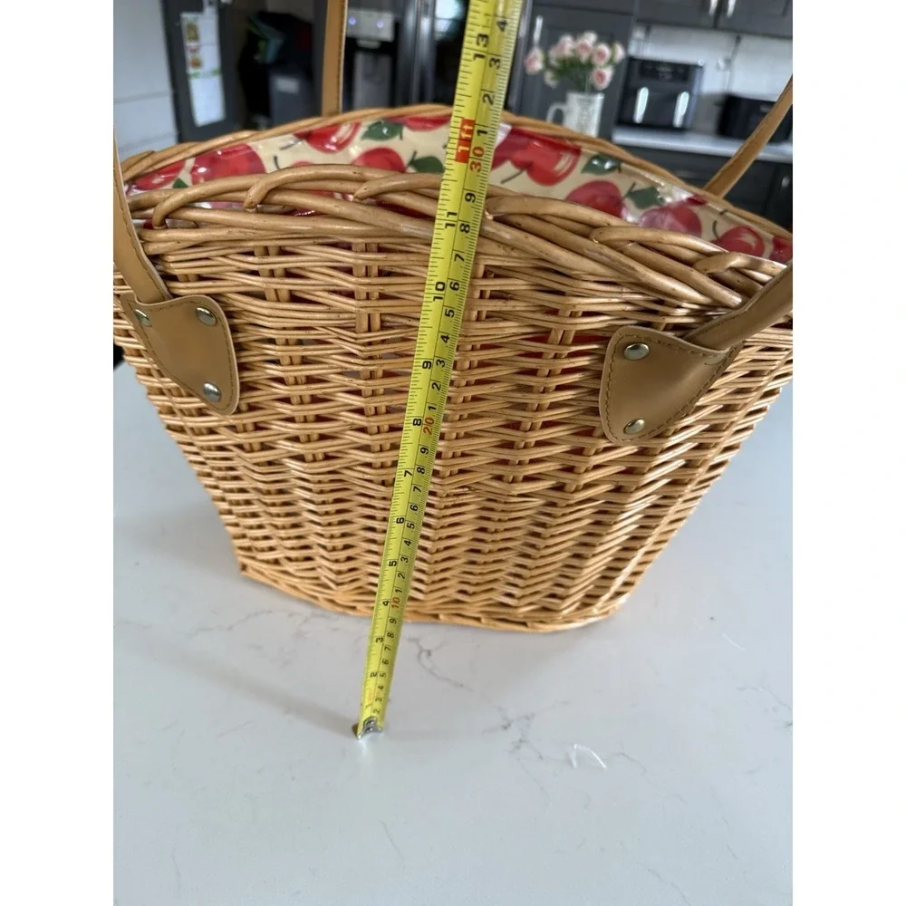 Vintage Woven Cane Oval Basket Apple Vinyl Liner Faux Leather Handles 90's EUC